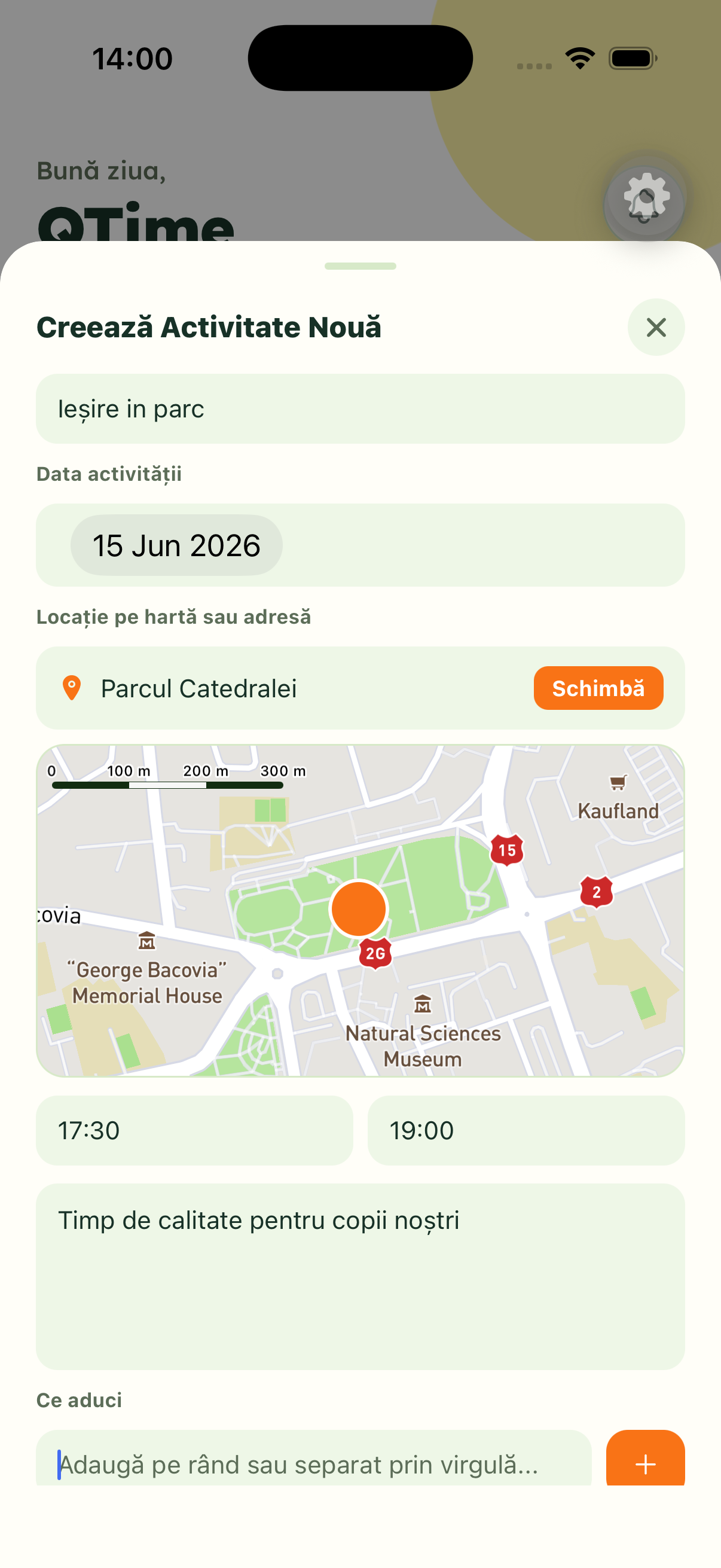 Ecranul de creare a unei activități noi din aplicația Theia
