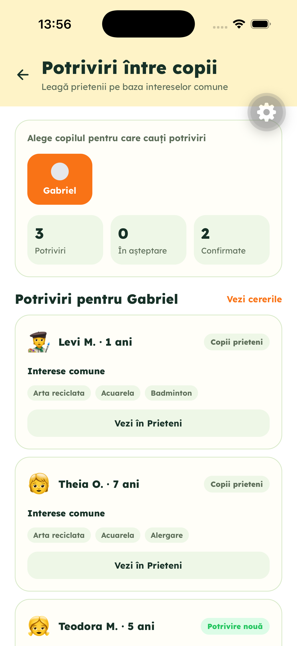 Ecranul de potriviri între copii din aplicația Theia