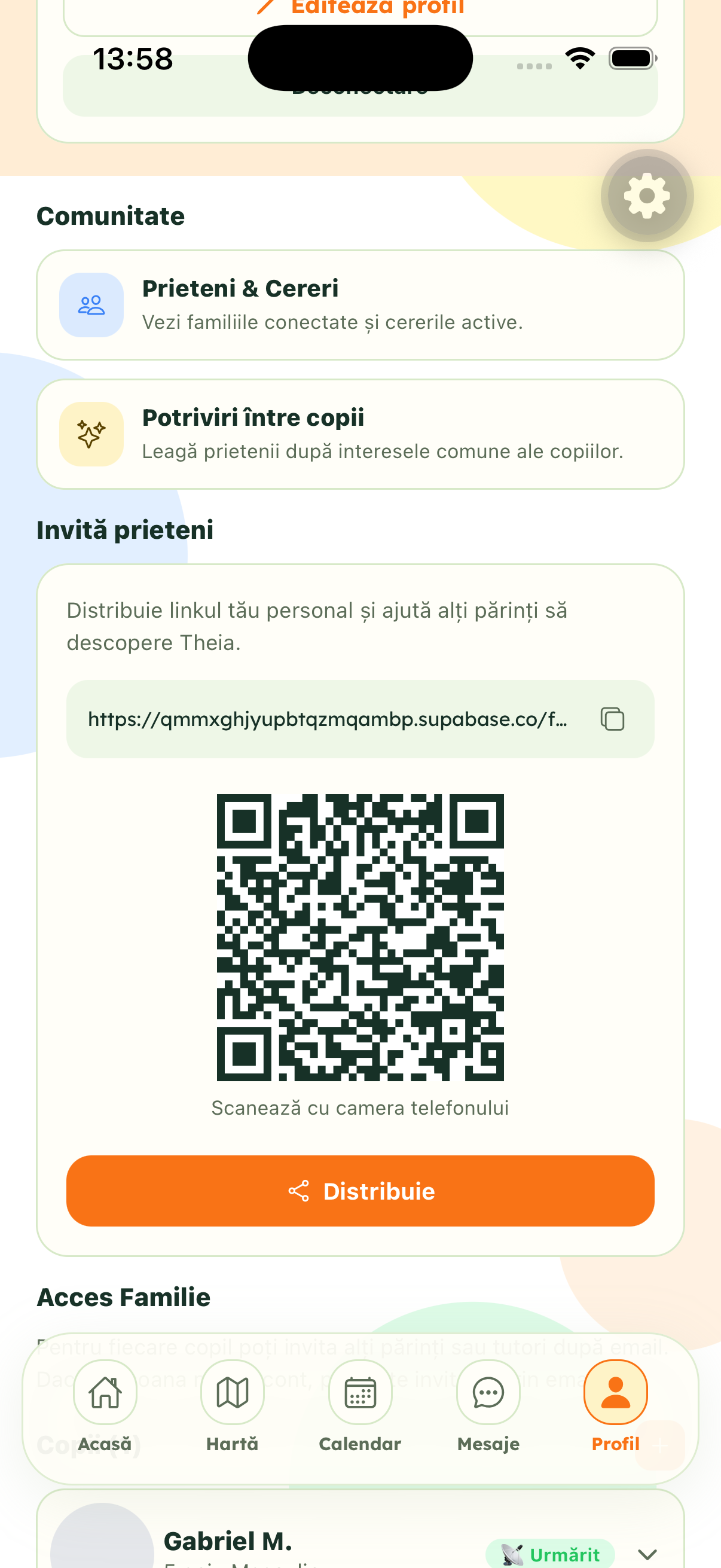 Ecranul de distribuire prin cod QR din aplicația Theia
